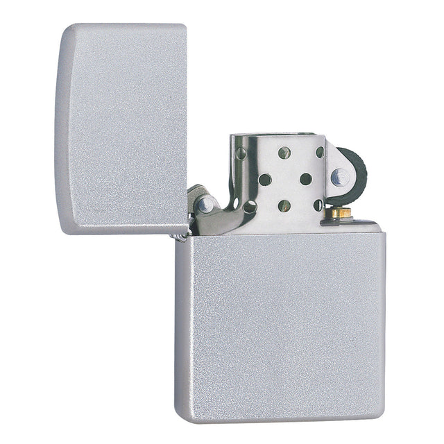 Silver metal Zippo-style lighter with an open lid.
