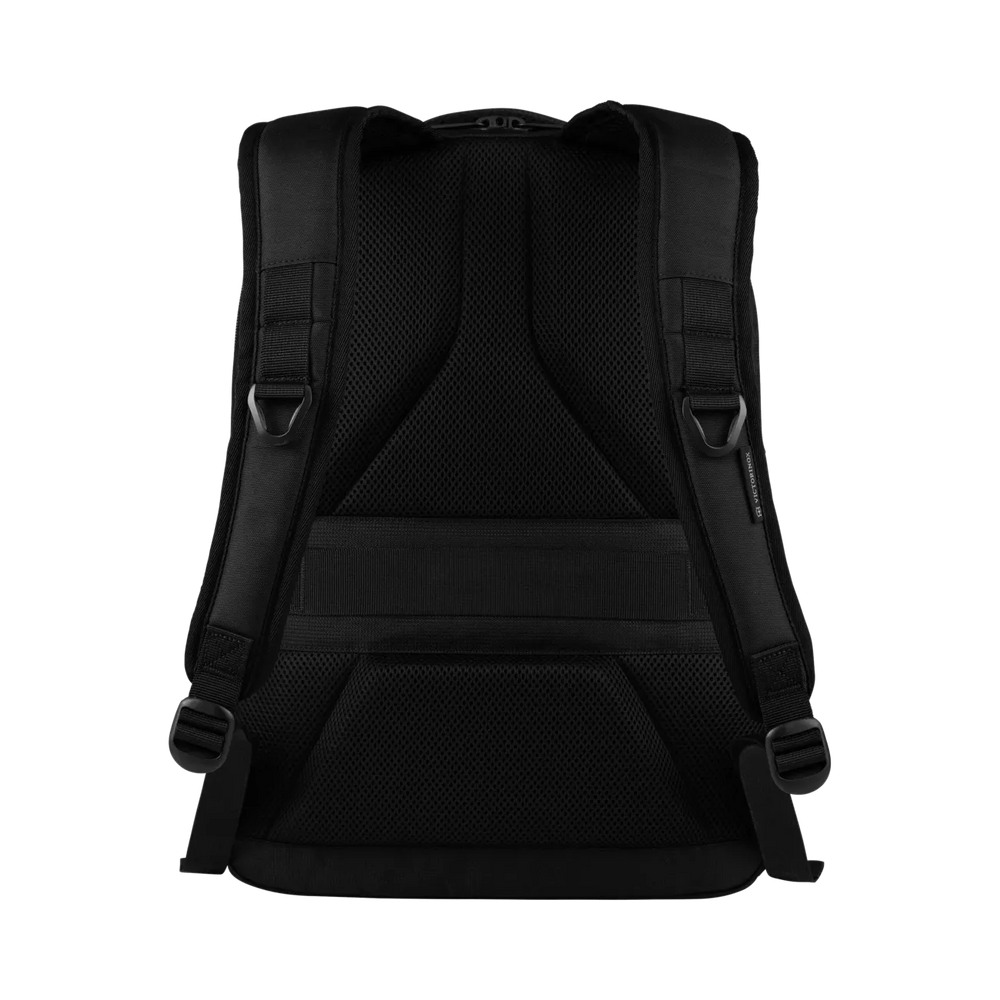 Black backpack with padded straps and multiple compartments.