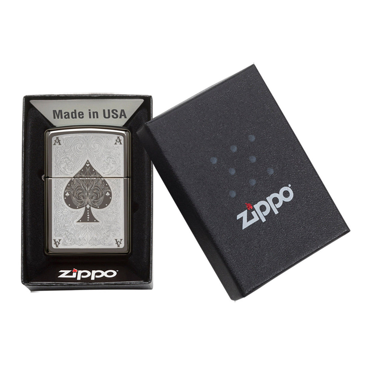 Zippo lighter with an ace of spades design displayed in its packaging.