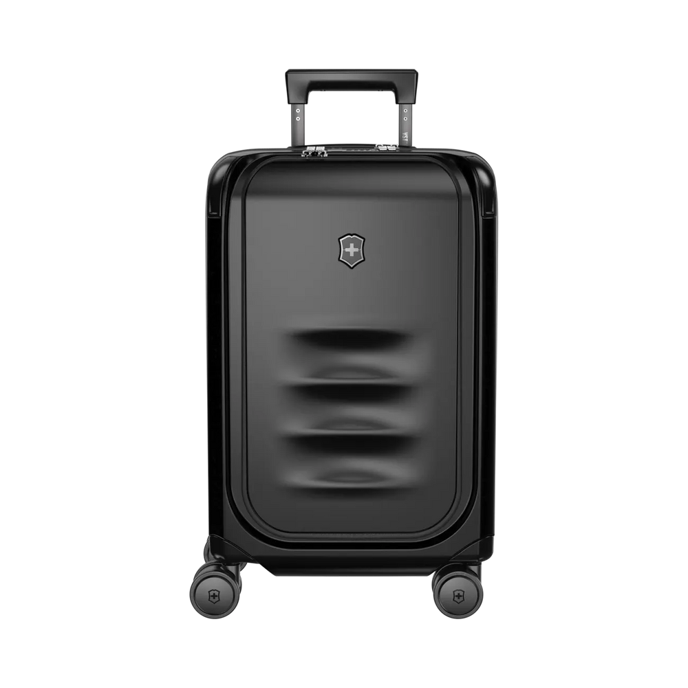 Black hardshell rolling suitcase with a retractable handle and four wheels.