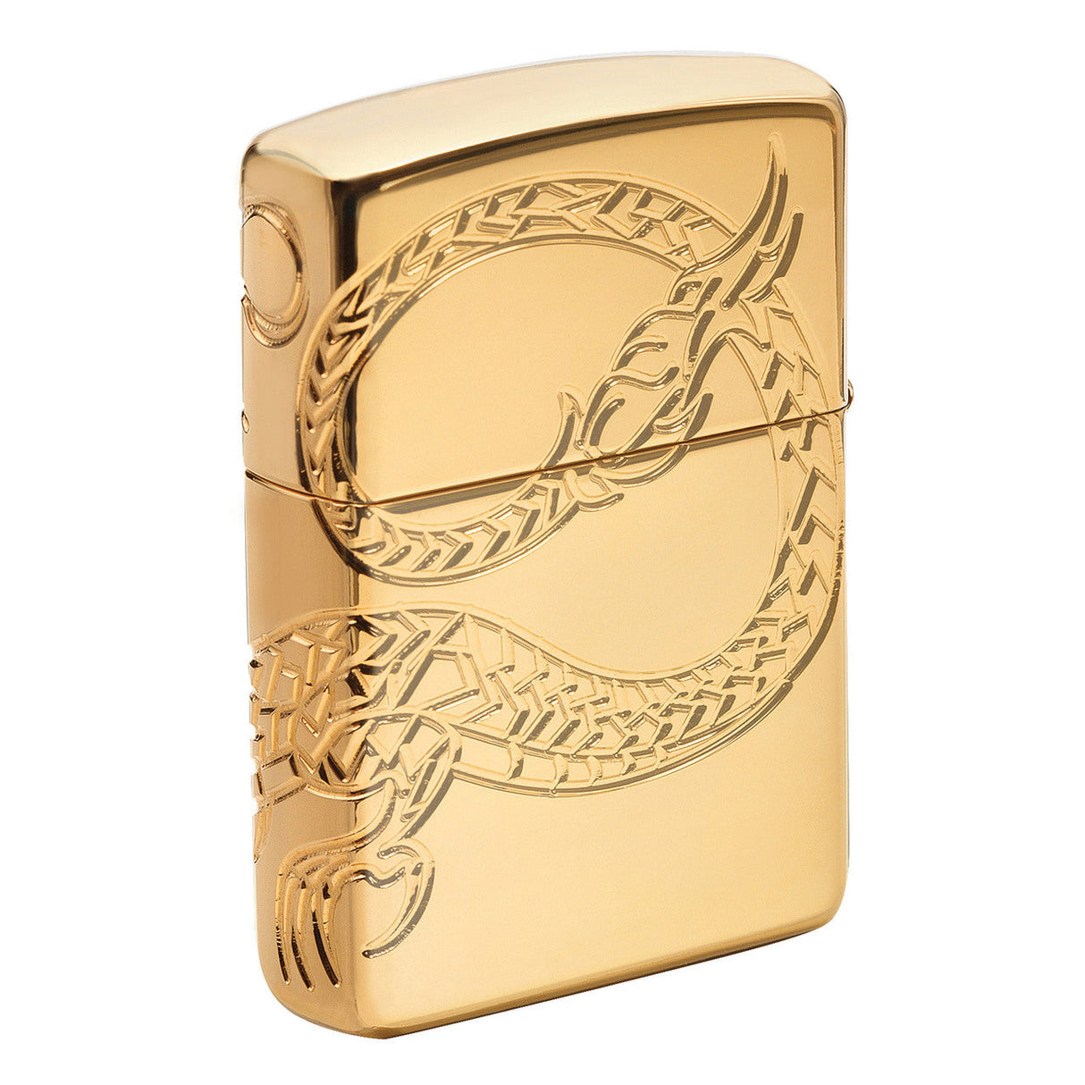 Gold-colored Zippo lighter with an engraved dragon design.