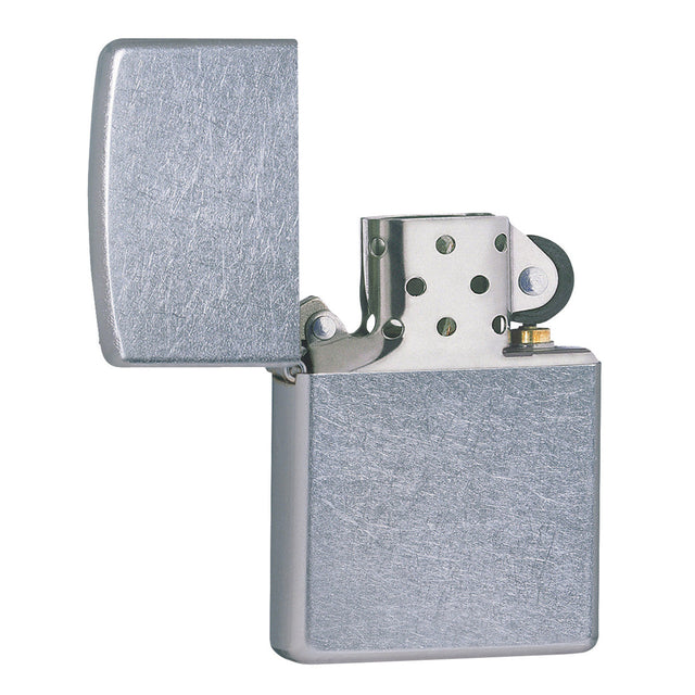 Metal flip-top cigarette lighter with a brushed silver finish.