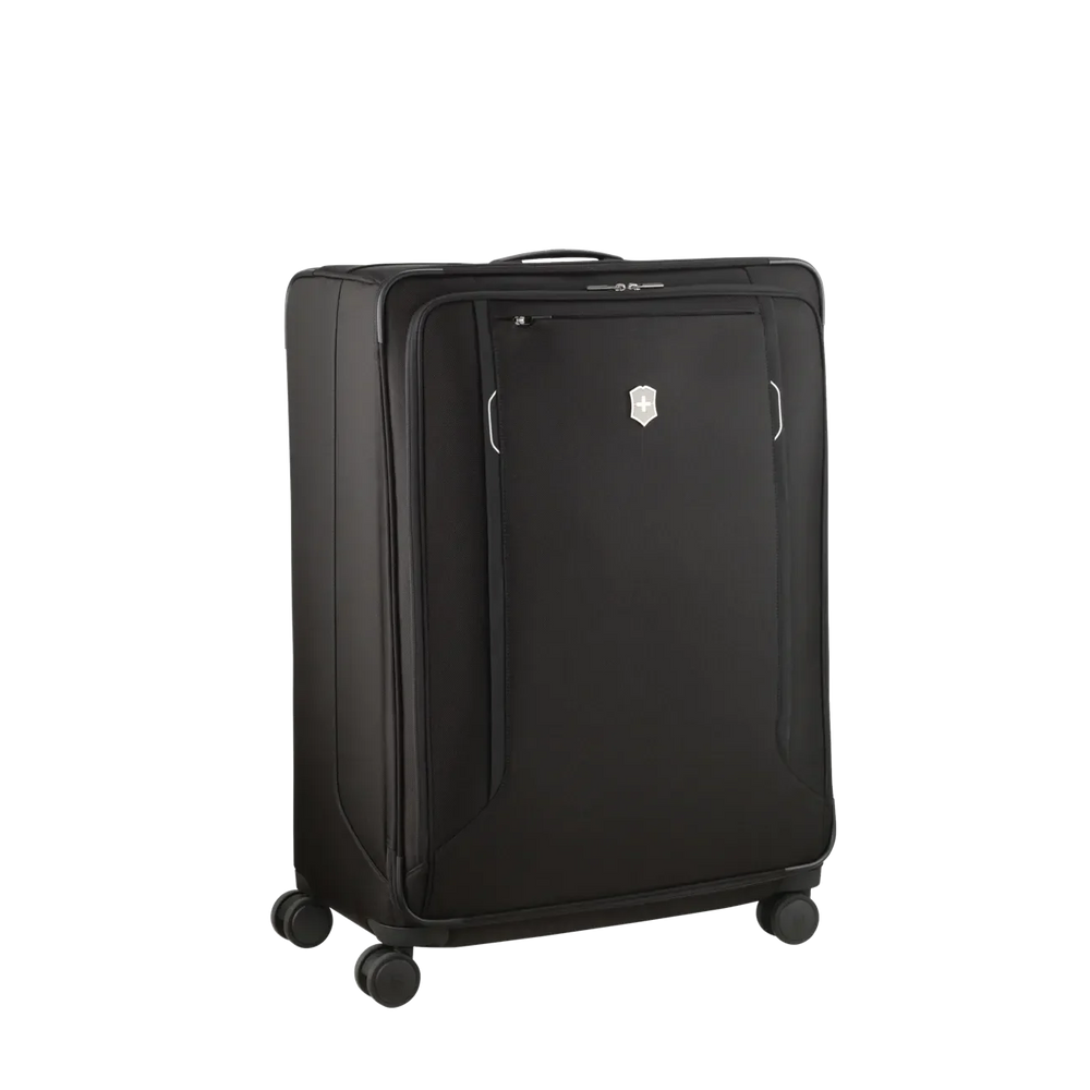Black rolling suitcase with four wheels and a front pocket.