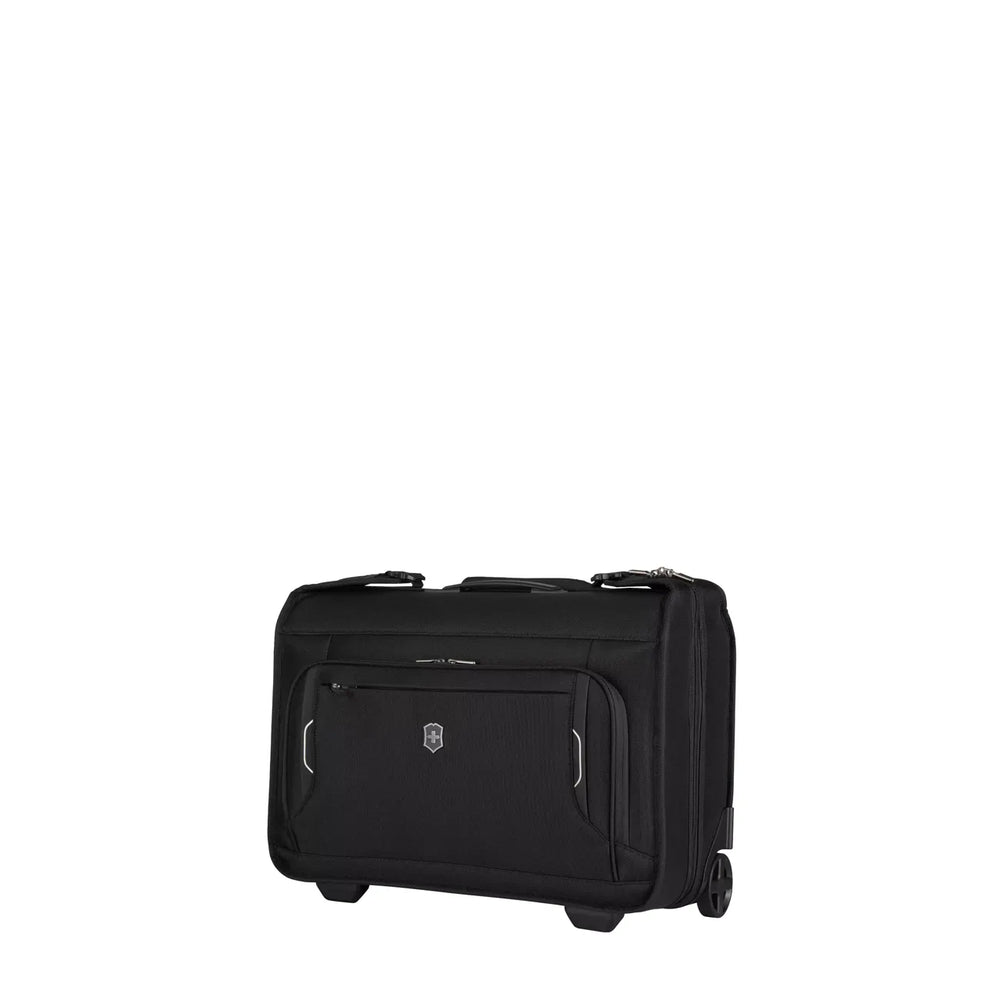 Black rolling garment bag or carry-on luggage with exterior pockets.