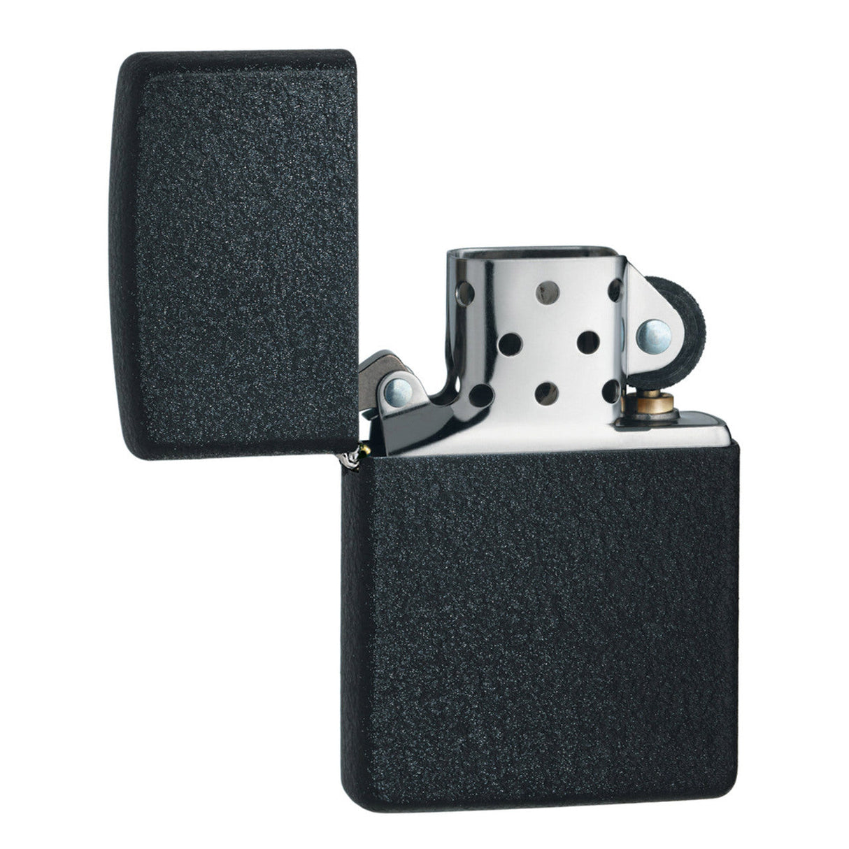 Black matte Zippo-style lighter with an open lid.