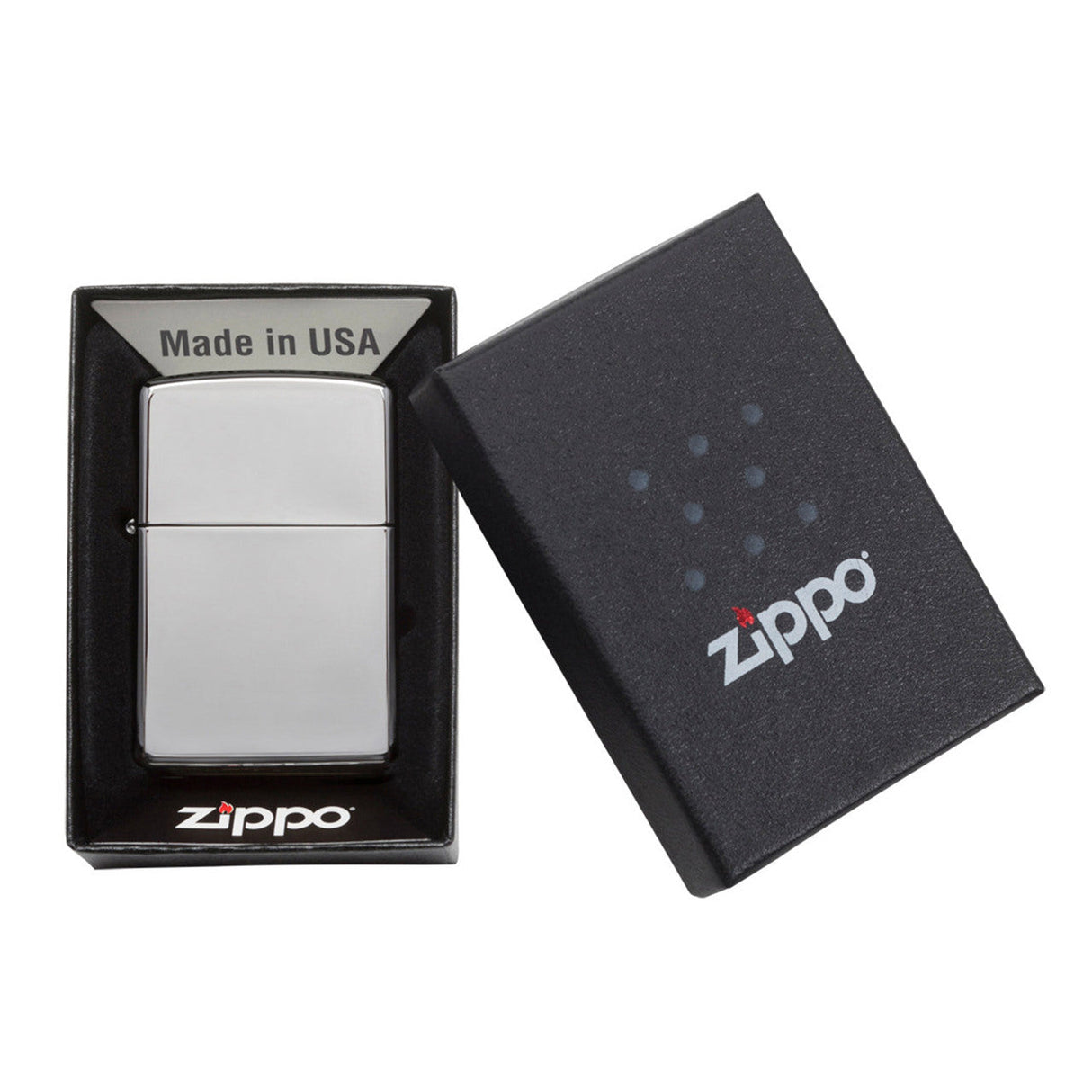 Zippo lighter in its packaging box.