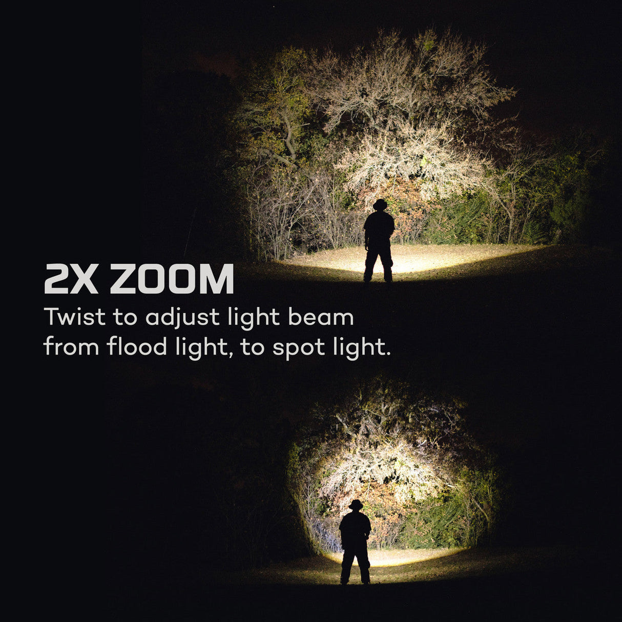 Flashlight demonstrating adjustable beam width from flood to spot light modes.