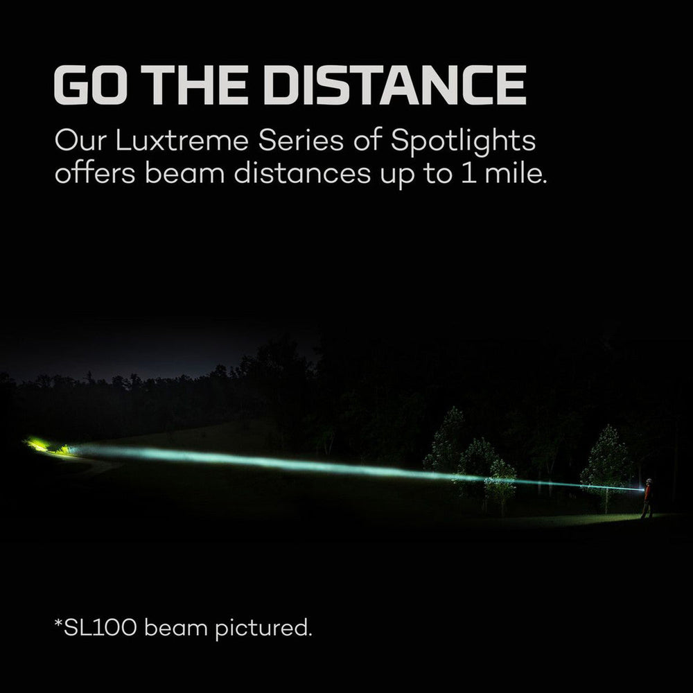 Powerful spotlight beam illuminating a long distance in darkness.