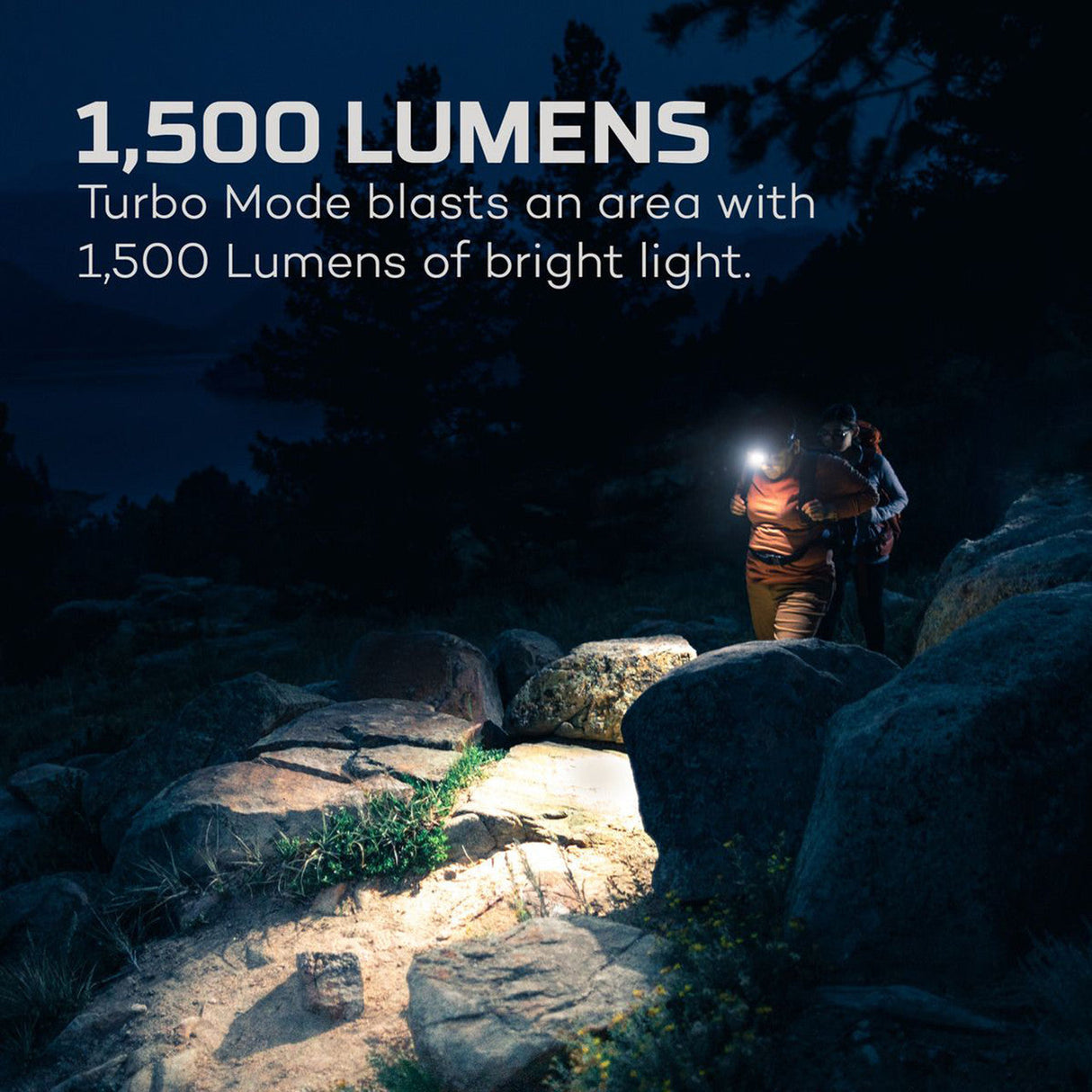 Powerful flashlight illuminating a rocky path at night.