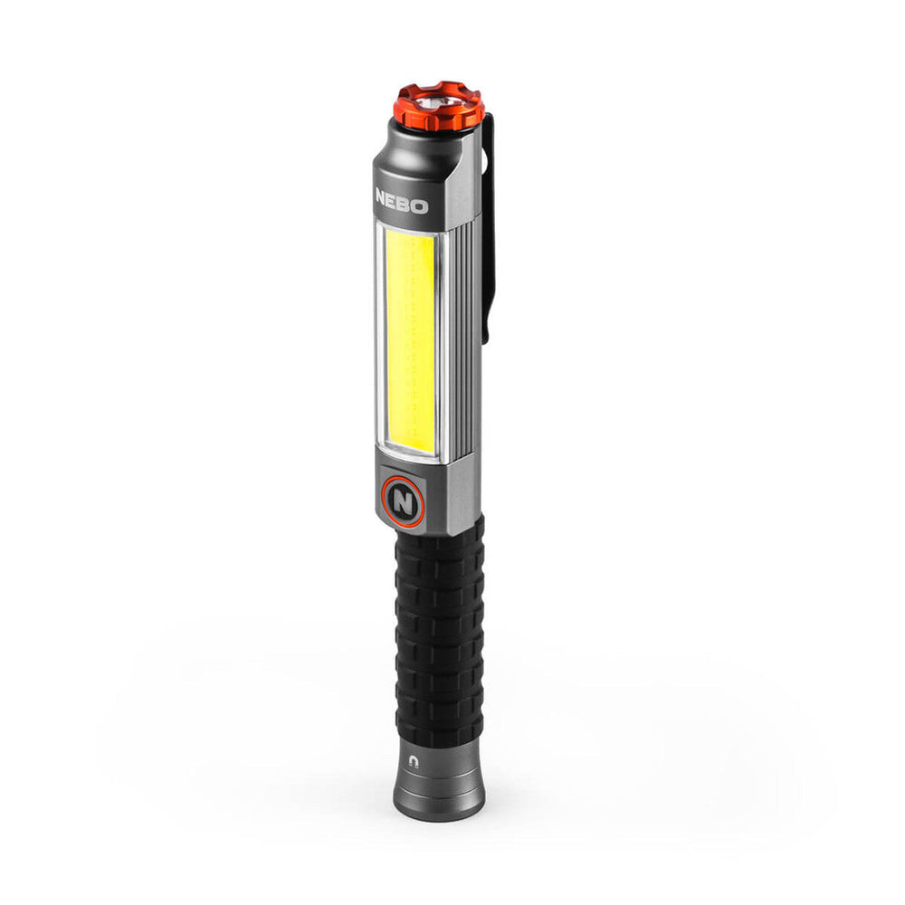 Handheld LED work light with a long cylindrical body and a bright yellow illumination strip.