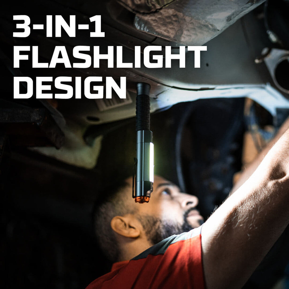 Compact flashlight with a ’3-in-1’’ design feature being used in a dark space.