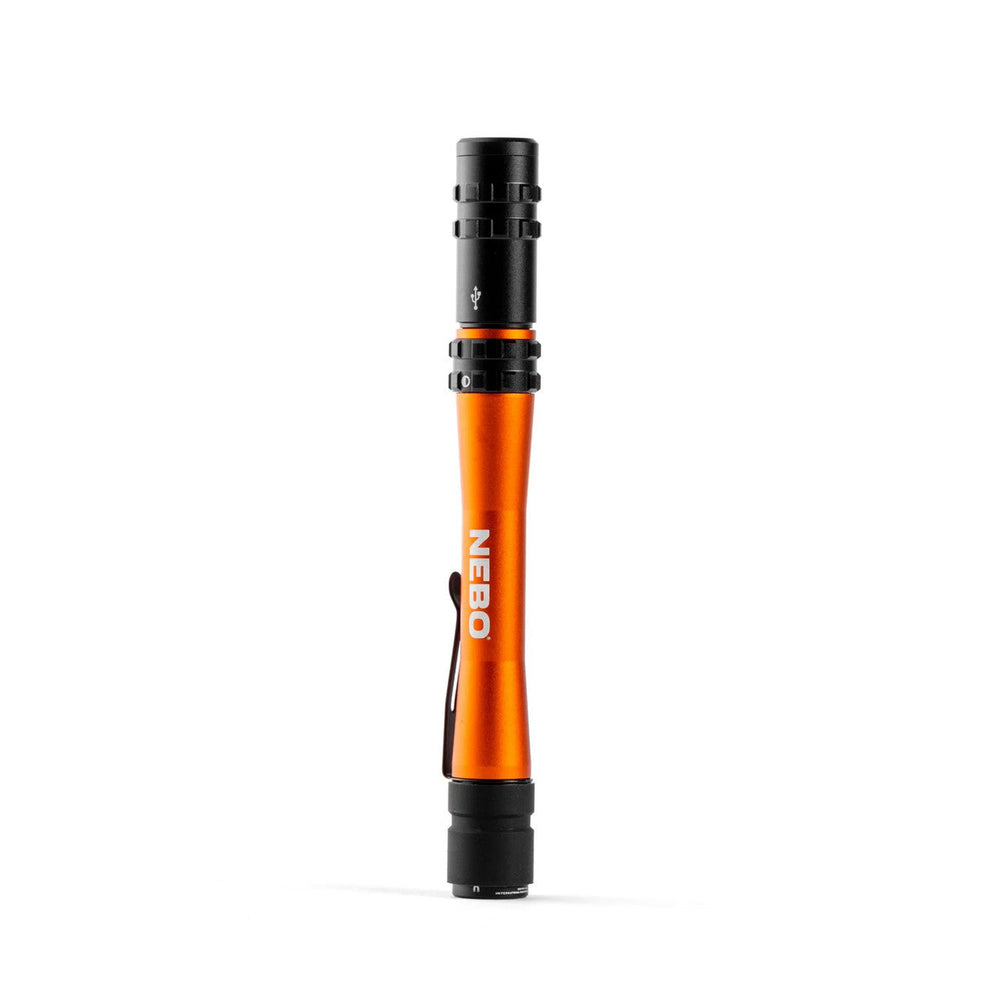 Cylindrical orange and black flashlight with ’NEBO’ branding.