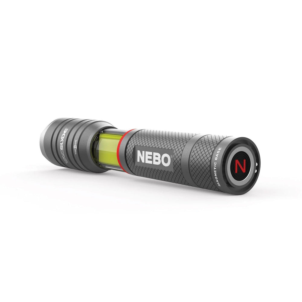 Handheld flashlight with a gray metallic body and a colorful band near the lens.