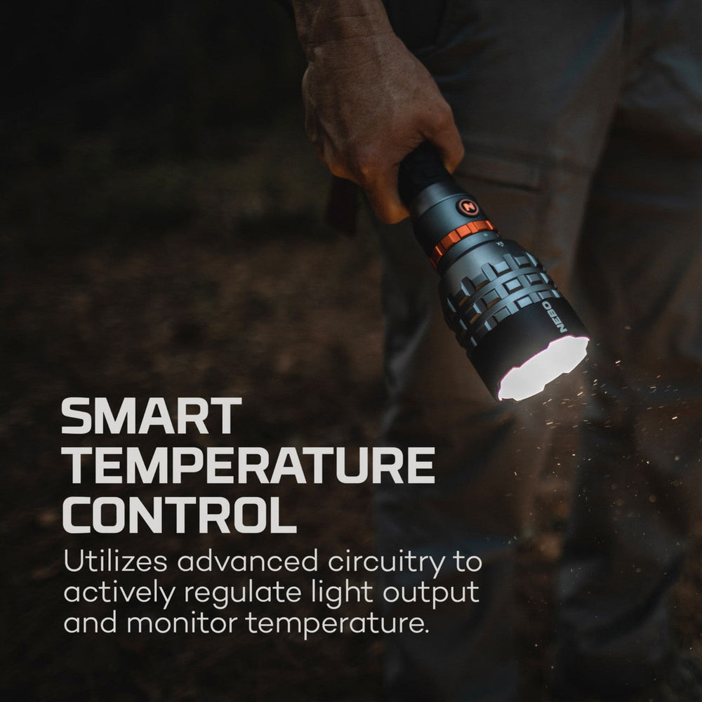 Handheld flashlight with smart temperature control feature being illuminated in a dark setting.