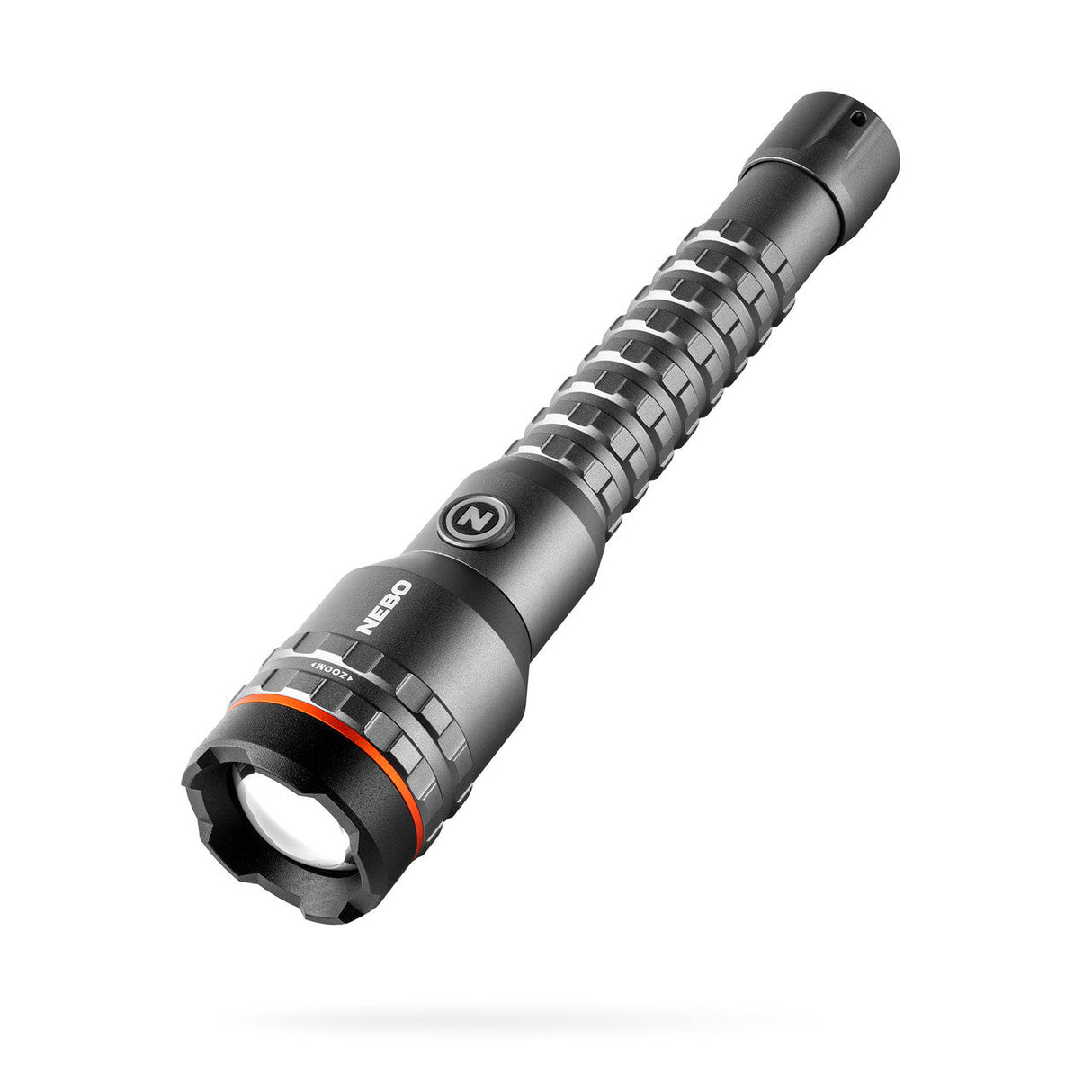 Tactical flashlight with a textured grip and adjustable focus.