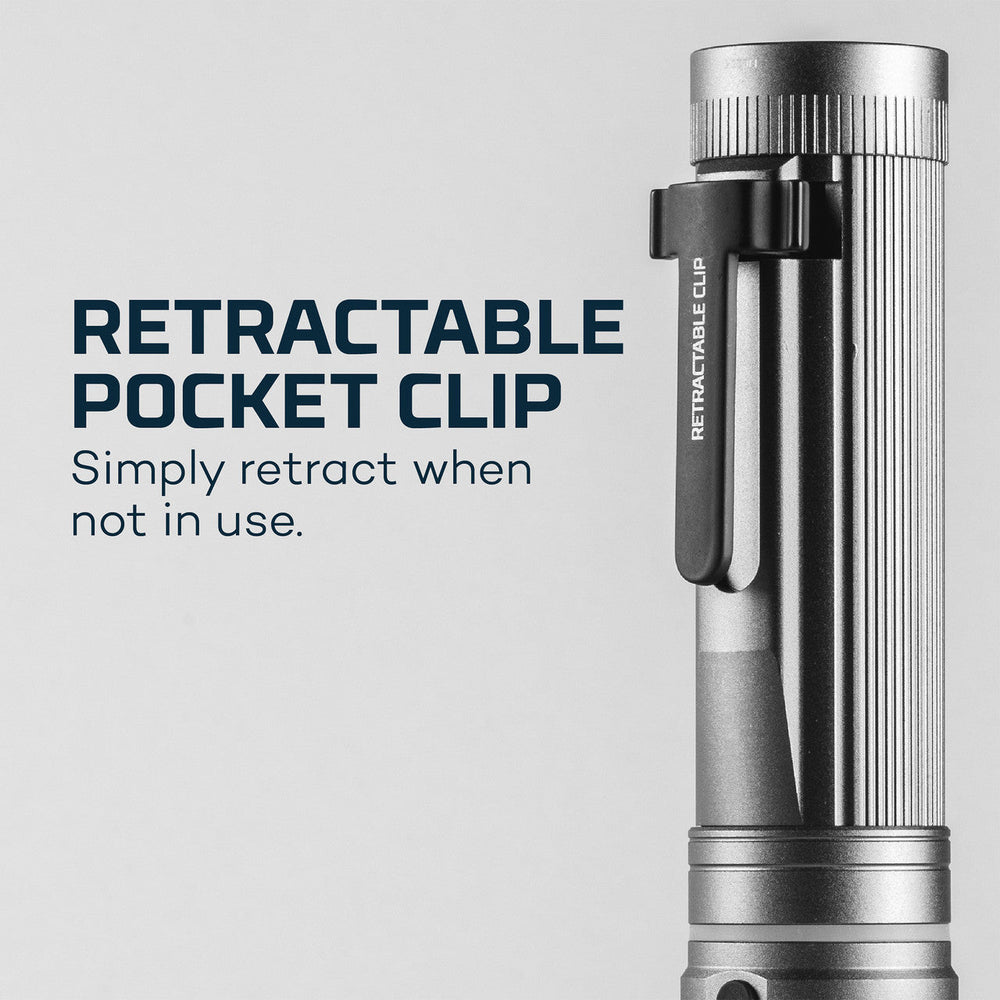 Metallic flashlight with a retractable pocket clip.