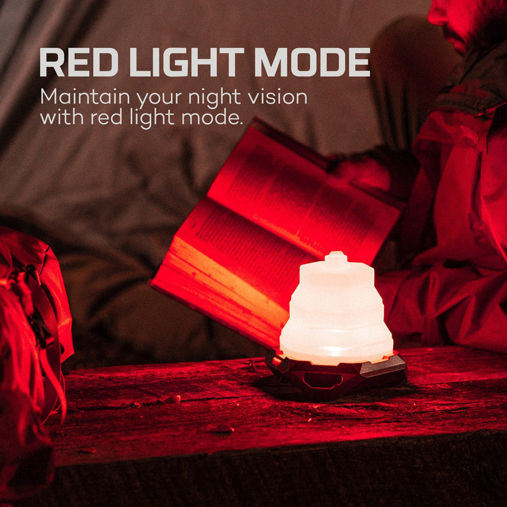 Small illuminated lamp emitting a soft white glow against a red-lit background.
