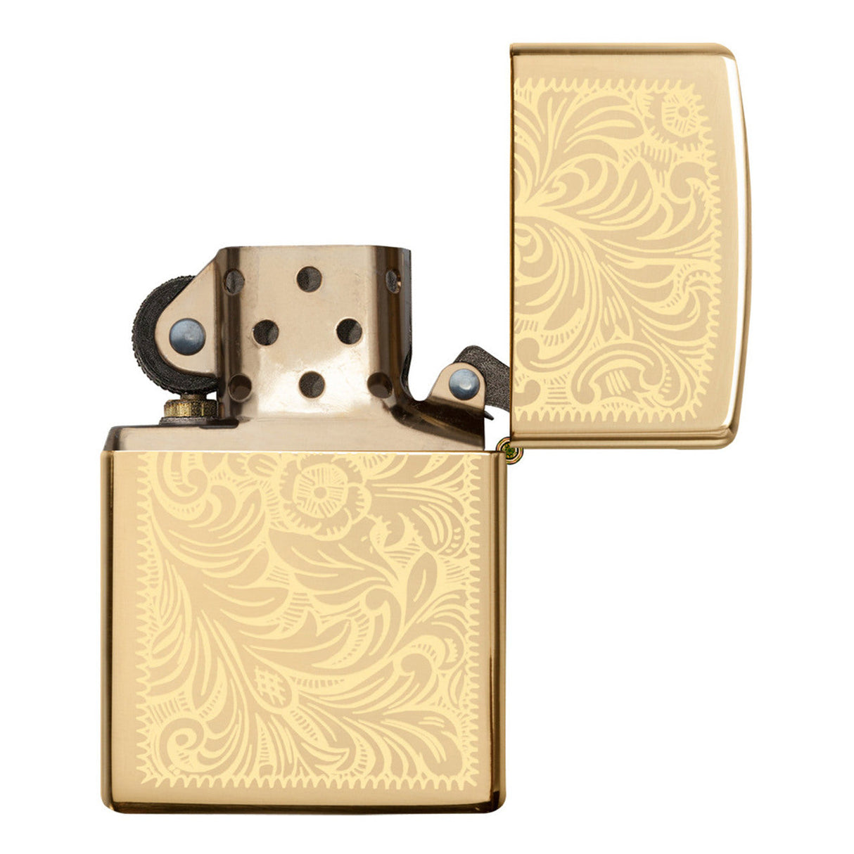 Gold-colored metal lighter with an ornate floral engraved pattern.