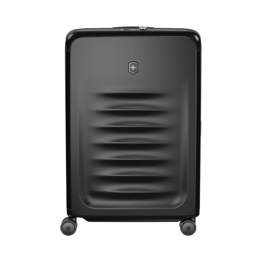Black hardshell rolling suitcase with horizontal ridges on the front.