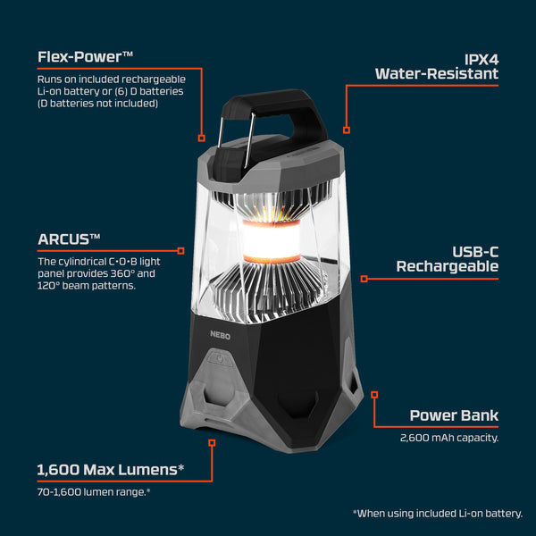 NEBO Galileo 1600 Lumen Lantern with USB Power Bank Model 89827