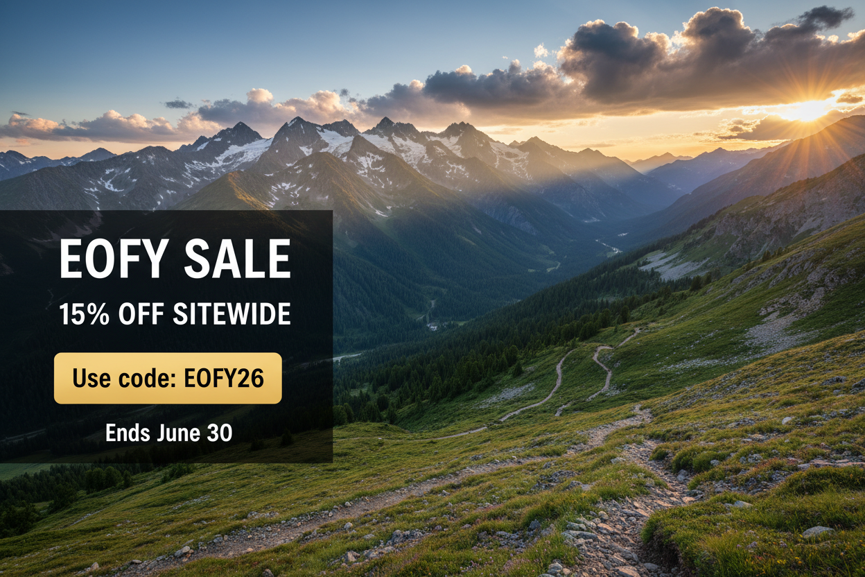Mountain landscape with a promotional overlay for EOFY sale.