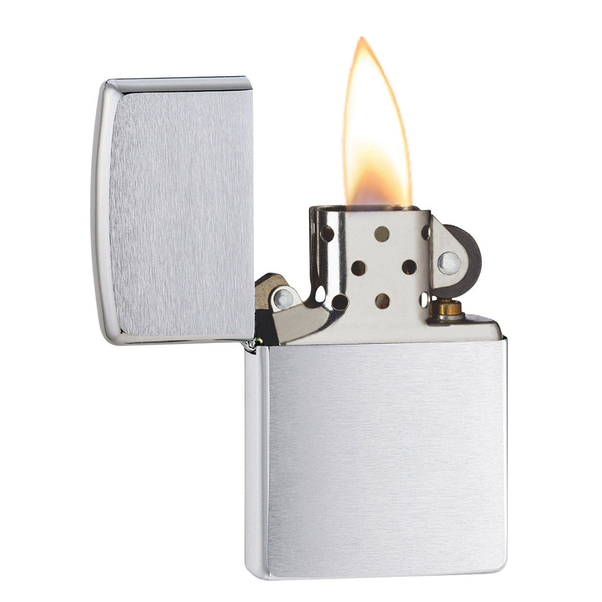 Zippo 200 brushed chrome windproof lighter, open and lit