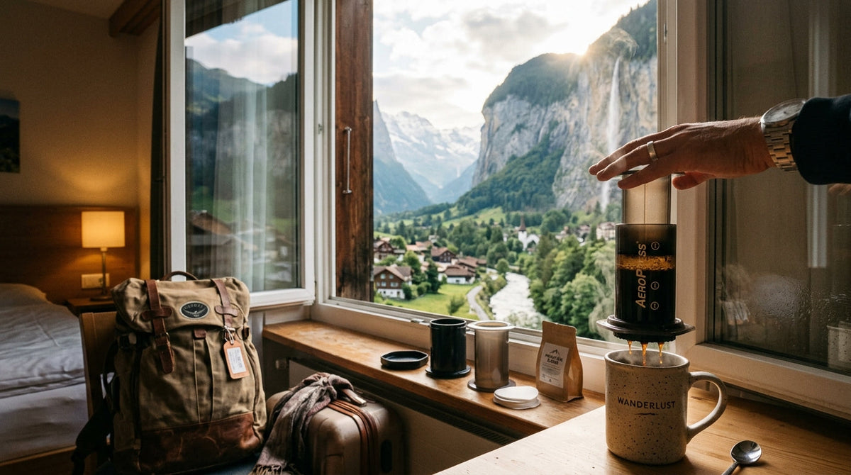 AeroPress brewing on hotel windowsill with city view