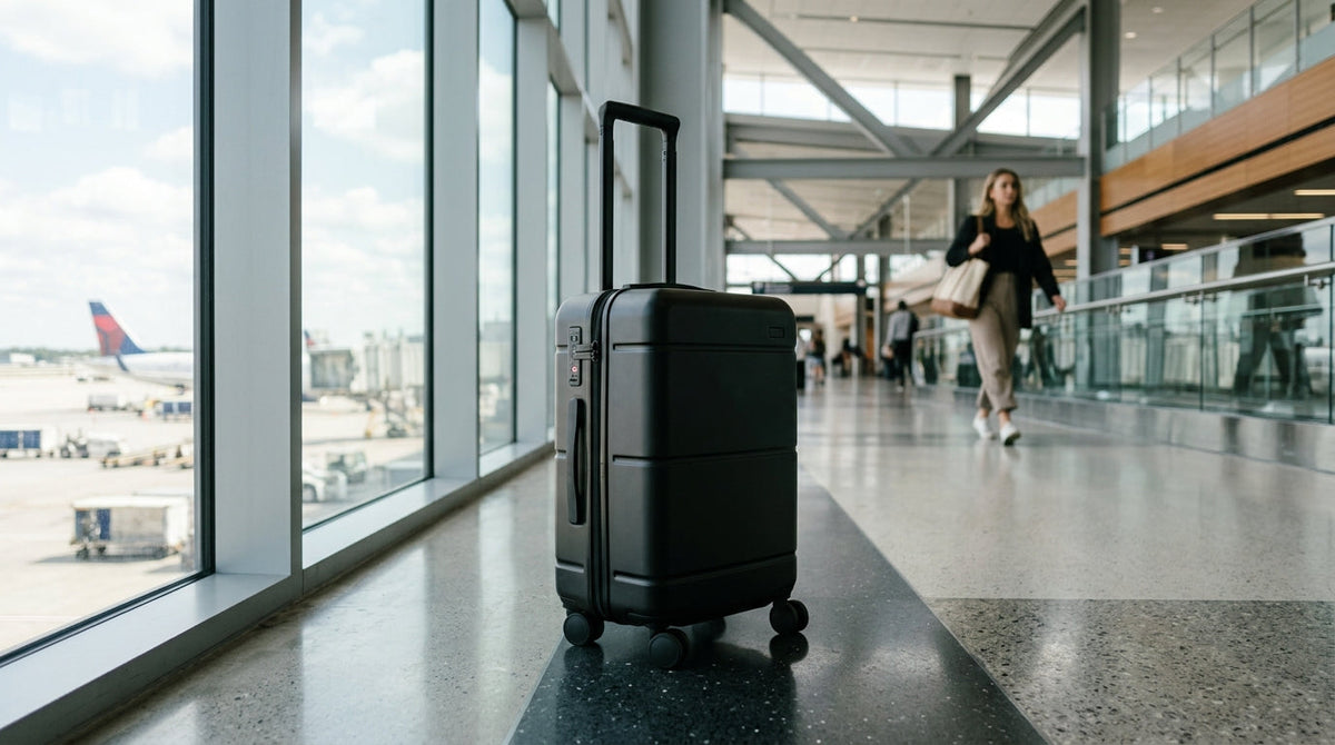 Sleek black carry-on suitcase in modern airport terminal