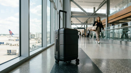 Sleek black carry-on suitcase in modern airport terminal