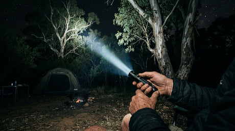 Nebo LED torch beam cutting through Australian bush at night