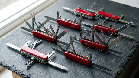 Collection of Victorinox Swiss Army Knives on slate surface