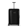 Black hard-shell rolling suitcase with horizontal ridges and an extendable handle.