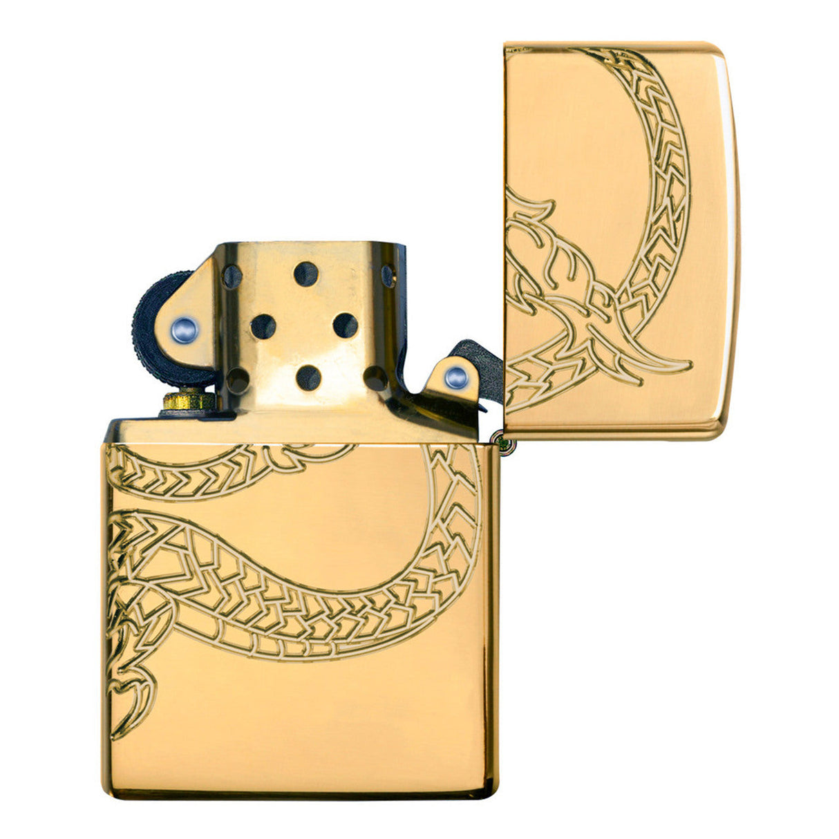 Gold-colored Zippo lighter with an engraved dragon design.