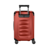 Red hardshell rolling suitcase with a retractable handle and wheels.