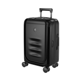 Black hardshell carry-on suitcase with wheels and a retractable handle.
