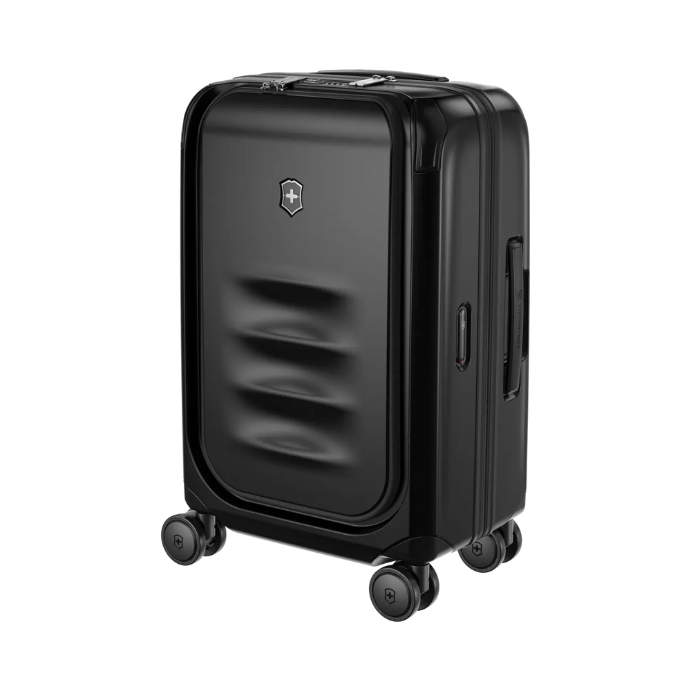 Black hardshell carry-on suitcase with wheels and a Victorinox logo.