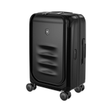 Black hardshell carry-on suitcase with wheels and a Victorinox logo.