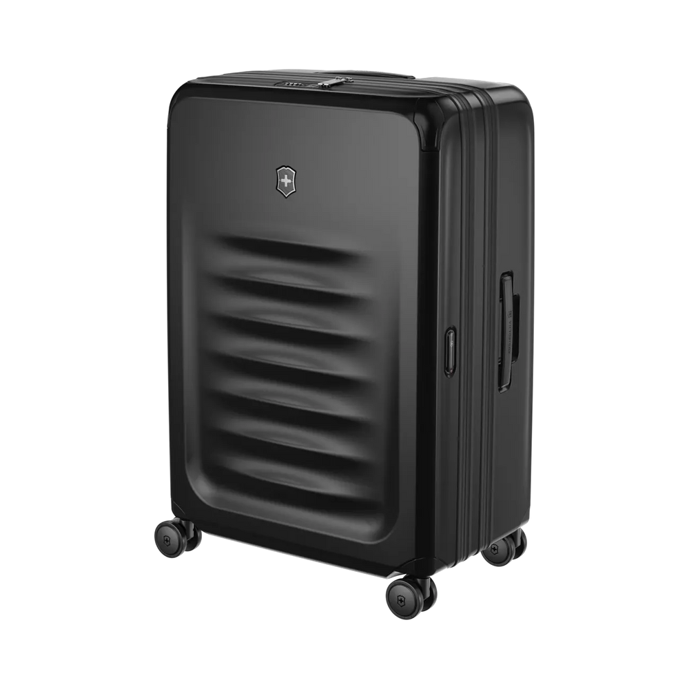 Black hardshell rolling suitcase with horizontal ridges on the front panel.