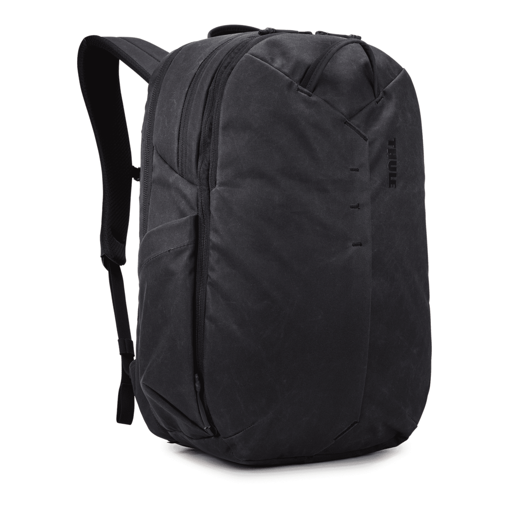 Thule Aion travel backpack 28L black, angled view with top grab handle