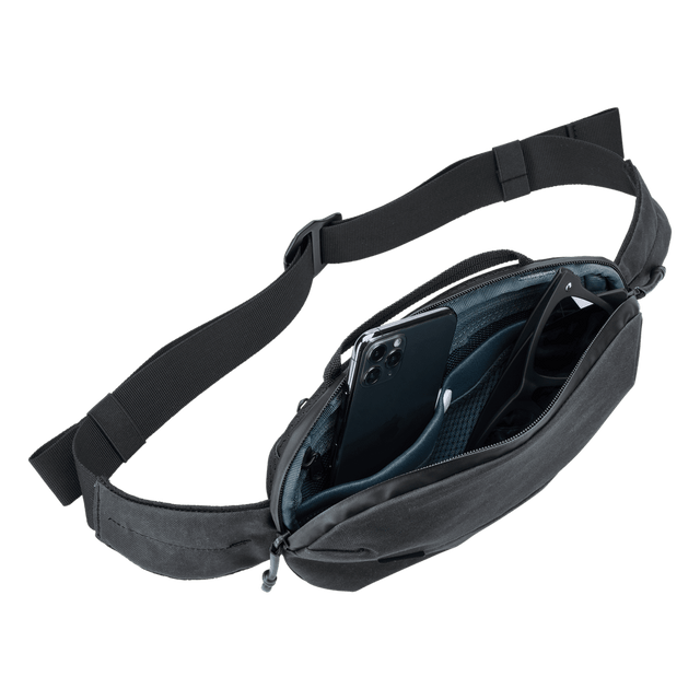 Thule Aion sling bag black unzipped, internal divider and zippered pocket