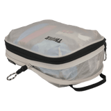 Thule compression packing cube small in white, expanded and loaded with rolled t-shirts
