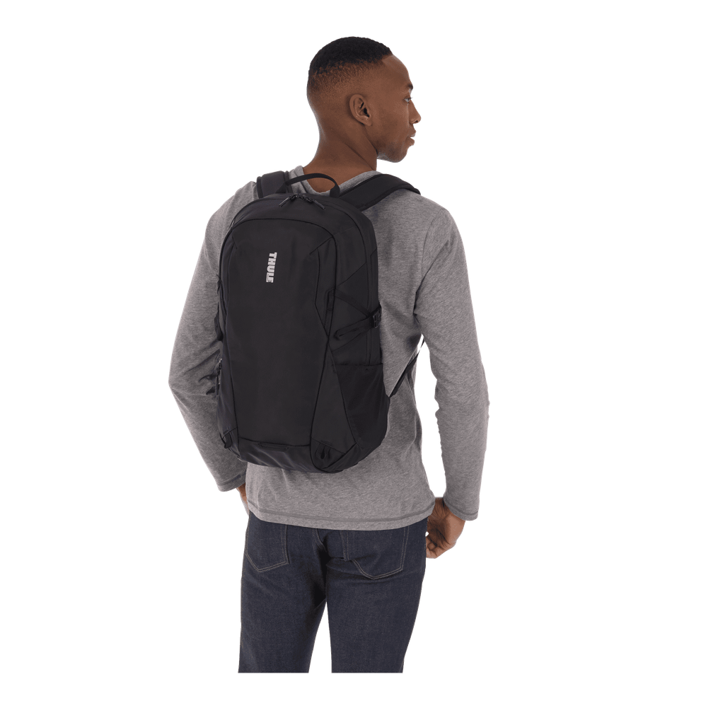 Thule EnRoute backpack 21L in black, main compartment open showing the elevated laptop pocket