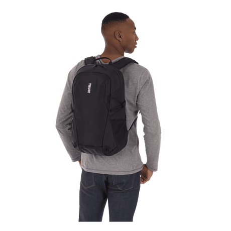 Thule EnRoute backpack 21L in black, main compartment open showing the elevated laptop pocket