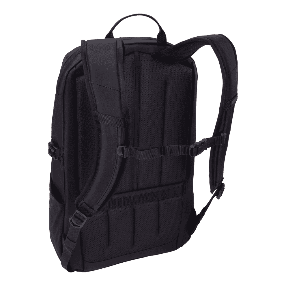 Thule EnRoute backpack 21L in black, rear view of the padded back panel and airflow channel