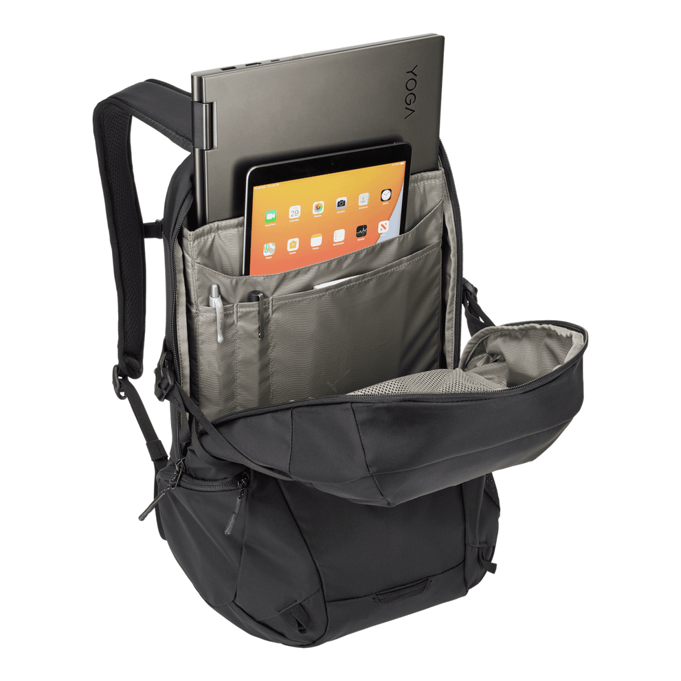 Thule EnRoute backpack 21L in black, side profile with the mesh water bottle pocket