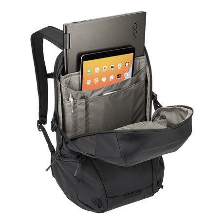 Thule EnRoute backpack 21L in black, side profile with the mesh water bottle pocket