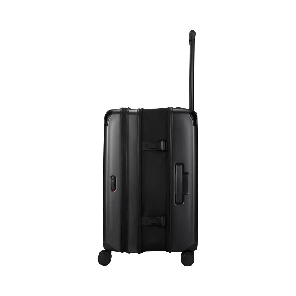 Black hardshell rolling suitcase with an extendable handle.