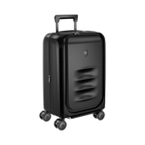 Black hardshell rolling suitcase with a retractable handle and four wheels.
