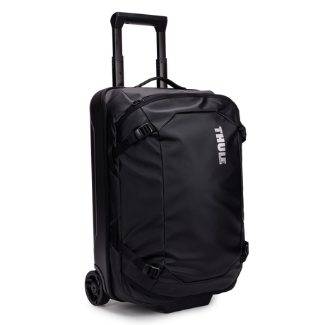 Thule Chasm carry-on wheeled duffel 40L black, angled view with handle up