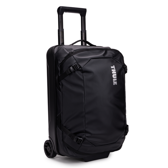 Thule Chasm carry-on wheeled duffel 40L black, angled view with handle up